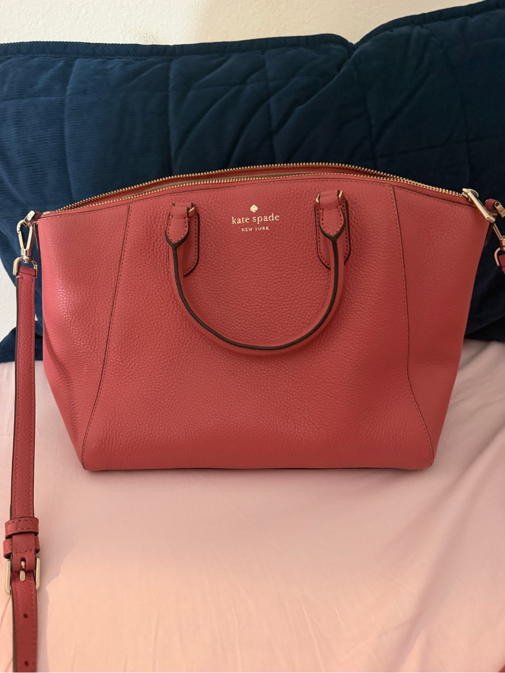 kate spade Coral Pebbled Leather Tote with Gold Hardware